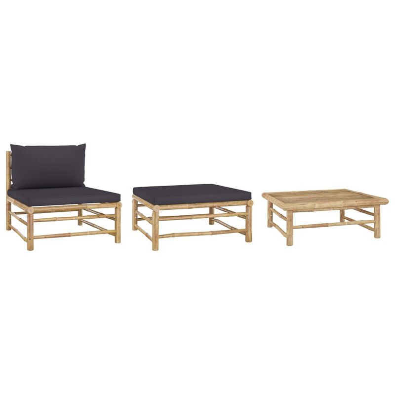 3pc Outdoor Modular Lounge Set, Table and Ottoman, Bamboo, Dark Gray - Benzara