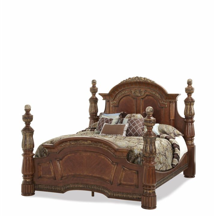 Michael Amini Villa Valencia Eastern King Poster Bed - Classic Chestnut