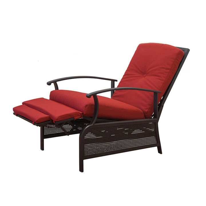 Patio Recliner Chair with Cushions, Outdoor Adjustable Lounge Chair, Reclining Patio Chairs with Strong Extendable Metal Frame for Reading, Garden, Lawn (Red, 1 Chair)