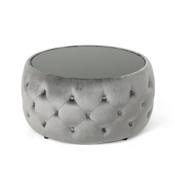 Streamdale Modern Glam Diamond Tufted Velvet Ottoman with Tempered Glass Top
