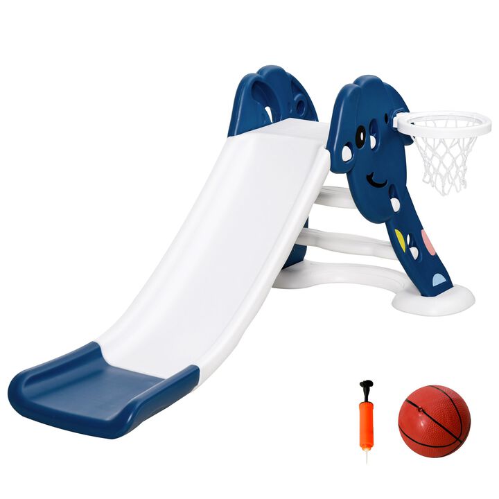 Indoor/Outdoor Kids Toy Slide with a Safety Triangle Design, Texturized Steps, & Side Basketball Hoop - Blue