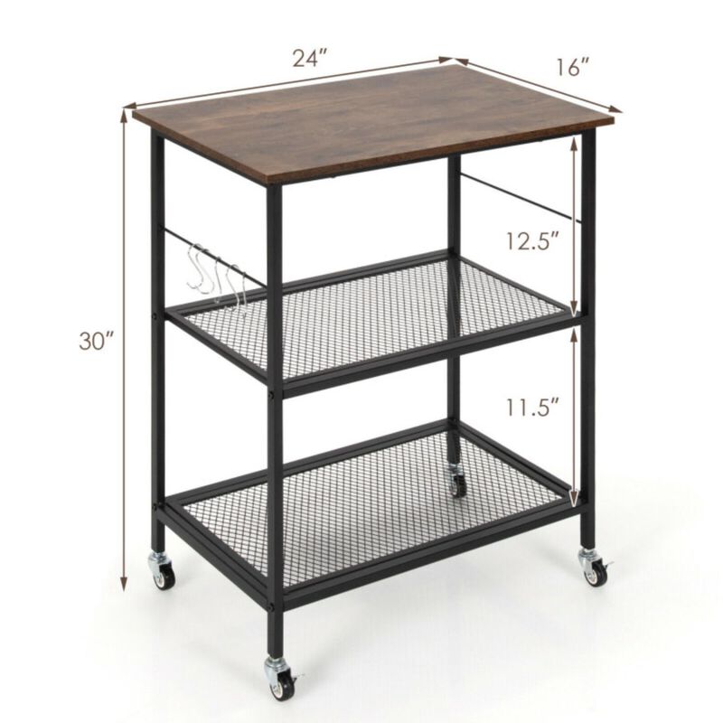 Hivvago 3-Tier Kitchen Serving Cart Utility Standing Microwave Rack with Hooks Brown