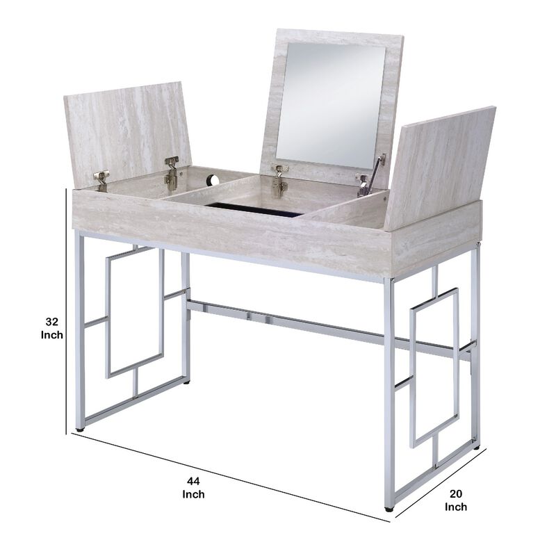 Wood and Metal Vanity Desk with Lift Top Compartments,Silver and Brown-Benzara