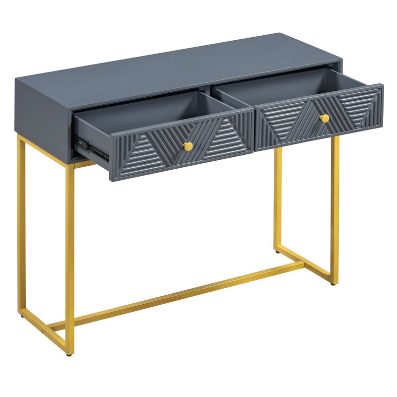 Whisen Modern Stripe Design Console Table with Two Drawers and Metal Legs - Black