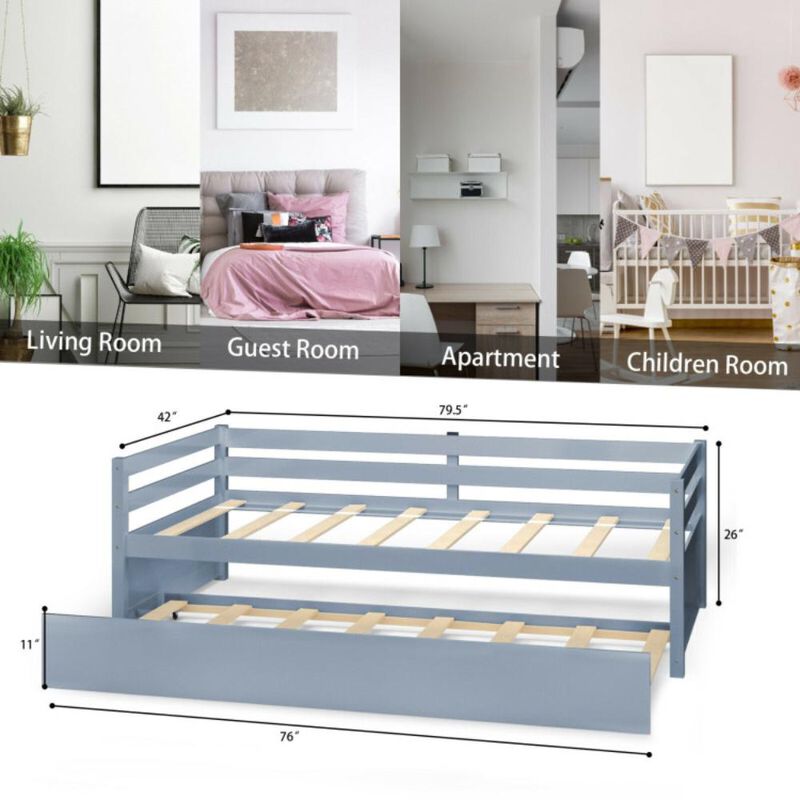 Hivvago Twin Size Trundle Platform Bed Frame with  Wooden Slat Support