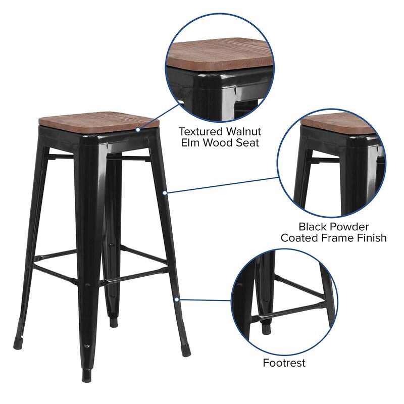 Flash Furniture Lily 30" High Backless Black Metal Barstool with Square Wood Seat