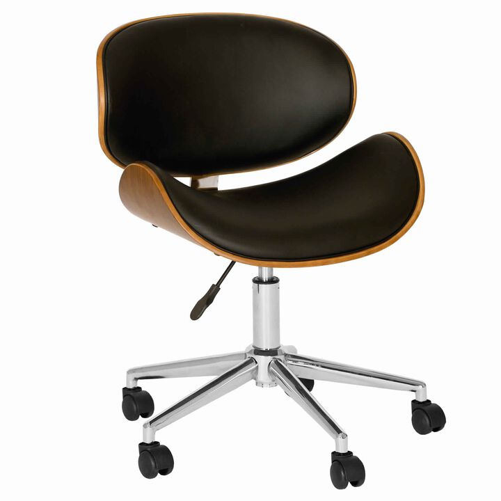 Curved Leatherette Wooden Frame Swivel Office Chair, Brown and Black-Benzara