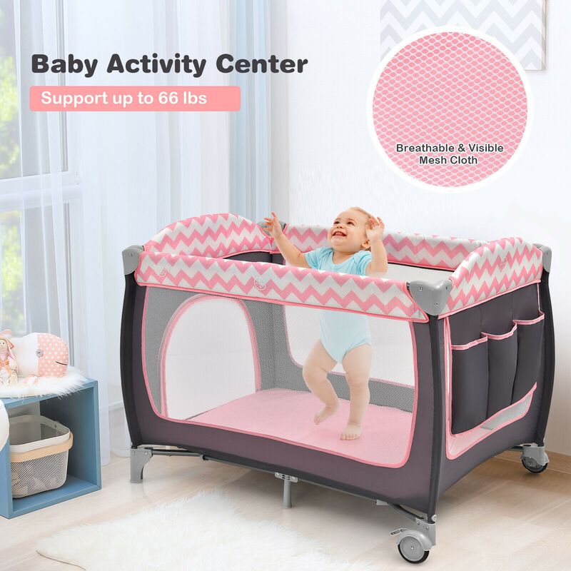 3-in-1 Portable Baby Playard with Zippered Door and Toy Bar - Pink