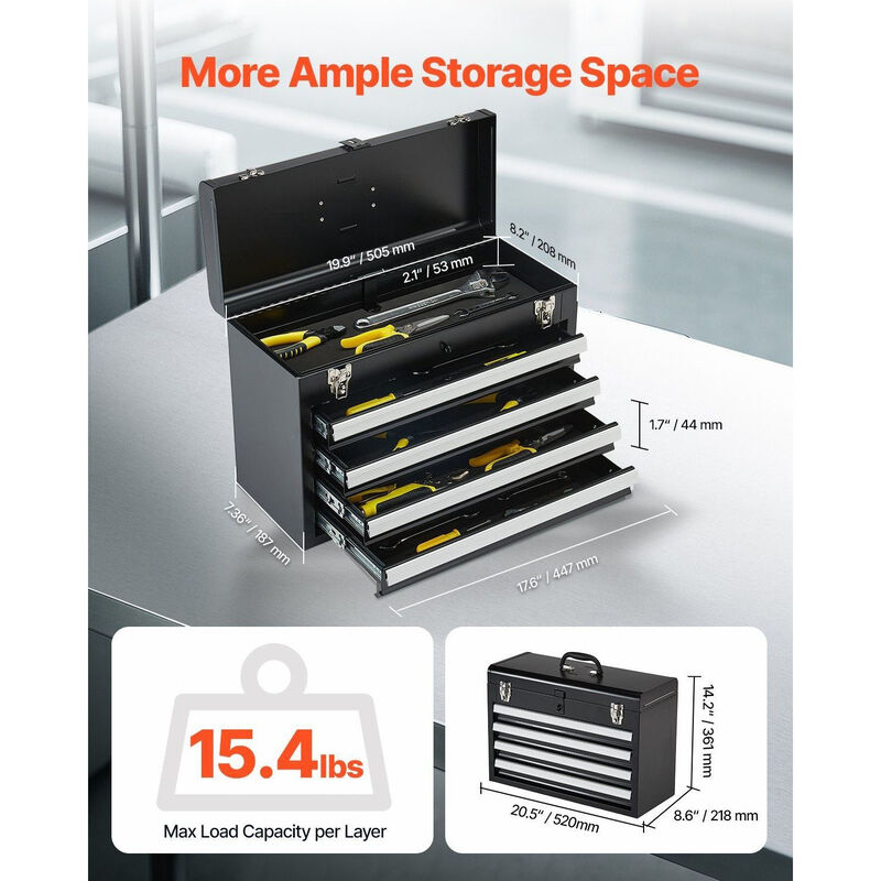 Portable Metal Tool Box with 4 Drawers, Locking Chest with EVA Liner and Ball Slides-Black image number 2