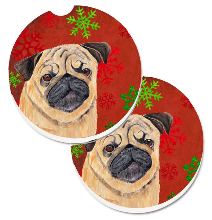 Caroline's Treasures Pug Red & green Snowflakes Holiday Christmas Set of 2 Cup Holder Car Coasters SC9411CARC, 2.56, Multicolor