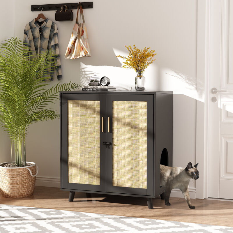 Modern Cat Litter Box Enclosure for Rooms, Black Hidden Litter Box Furniture Cat Washroom Storage with Lock Sisal Door image number 2
