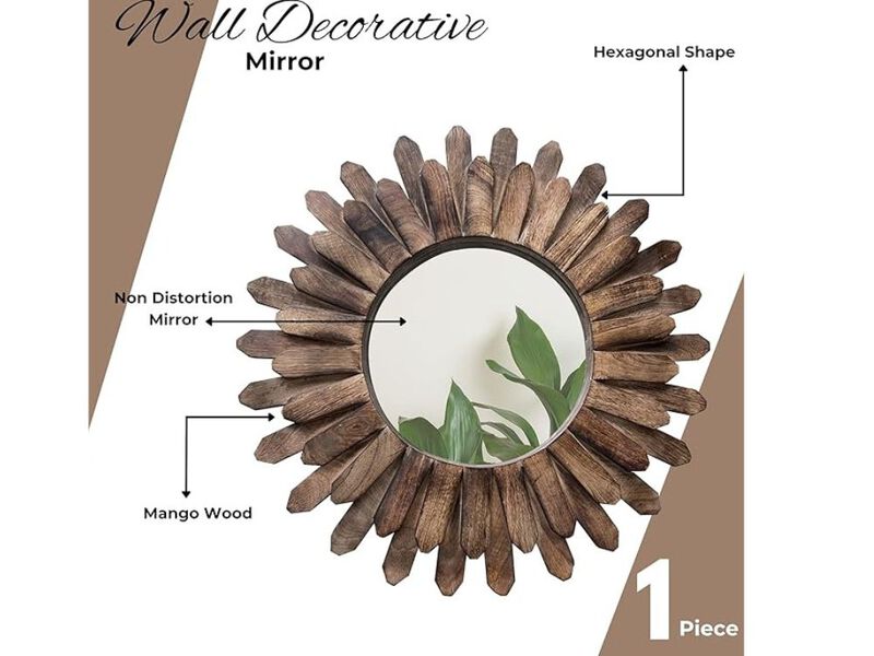12" Rustic Sunburst Mirror &ndash; Burnt Wood Boho Farmhouse Wall Decor