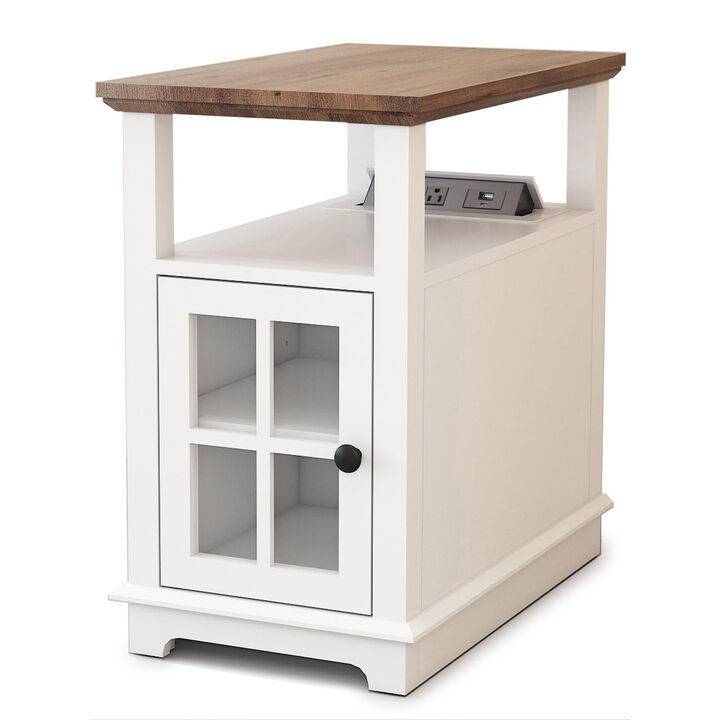 HIFYOBRO Narrow End Table with Flip Top Charging Station, Storage Cabinet, Type-C & USB Port & Power outlets, Adjustable Shelf,