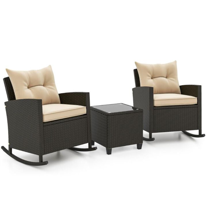 Hivvago 3-Piece Patio Rattan Roker Chairs with Tempered Glass Table and Soft Cushions