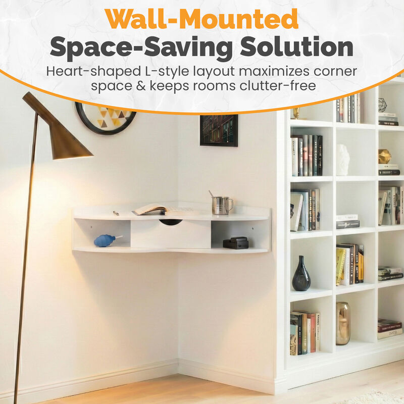 Basicwise Wall Mounted Folding Table with Drawer - Floating Space-Saving Solution for Home Office, Bedroom, Laundry Room - Hideaway Secretary, Shelves, Modern White, Compact Design, 23.5 x 33 x 7 in image number 3