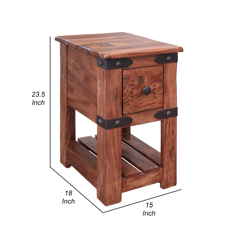 Umey 24 Inch 1 Drawer Narrow Chairside End Table, Belt Accents, Brown Wood-Benzara