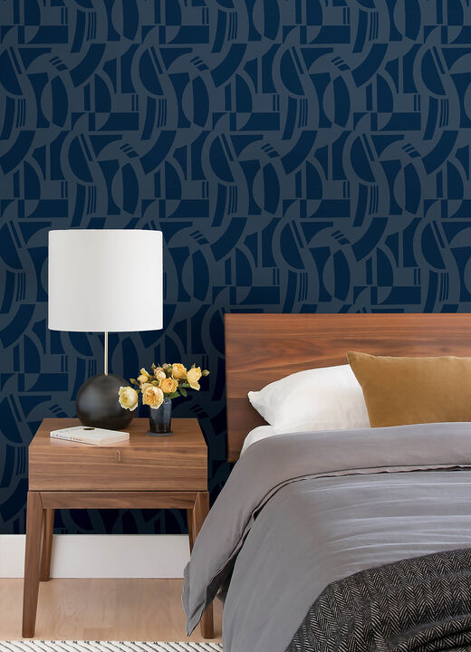 Carter Indigo Geometric Flock Wallpaper
