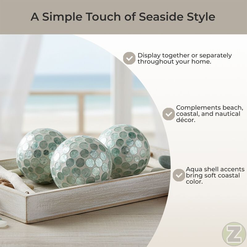 Decorative Balls Set Of 3 Aqua Capiz Shell 4 Inch Coastal Orbs Bowl Fillers image number 5