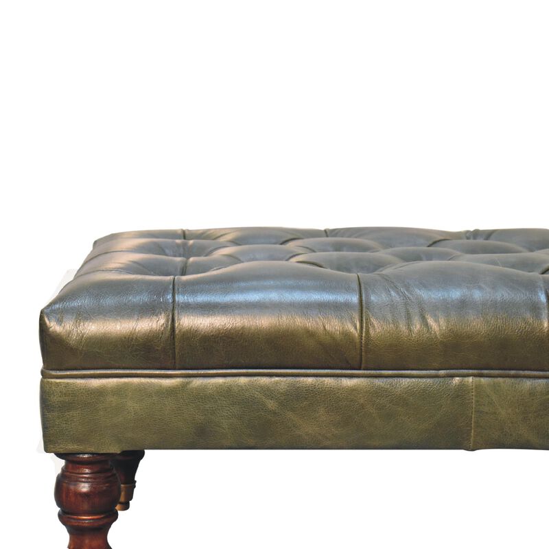 Artisan Furniture  Solid Wood Buffalo Green Leather Ottoman with Castor Legs
