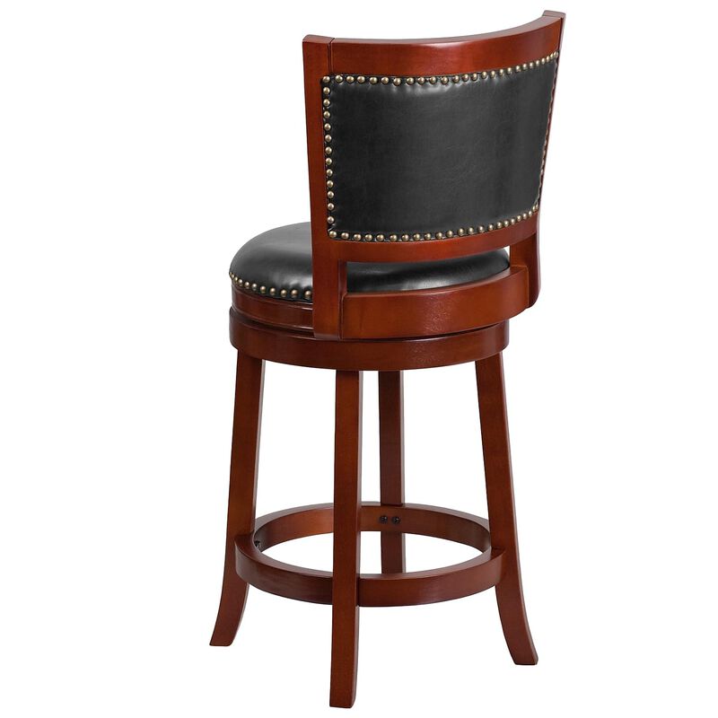 Flash Furniture Ebert 26'' High Dark Cherry Wood Counter Height Stool with Open Panel Back and Walnut LeatherSoft Swivel Seat