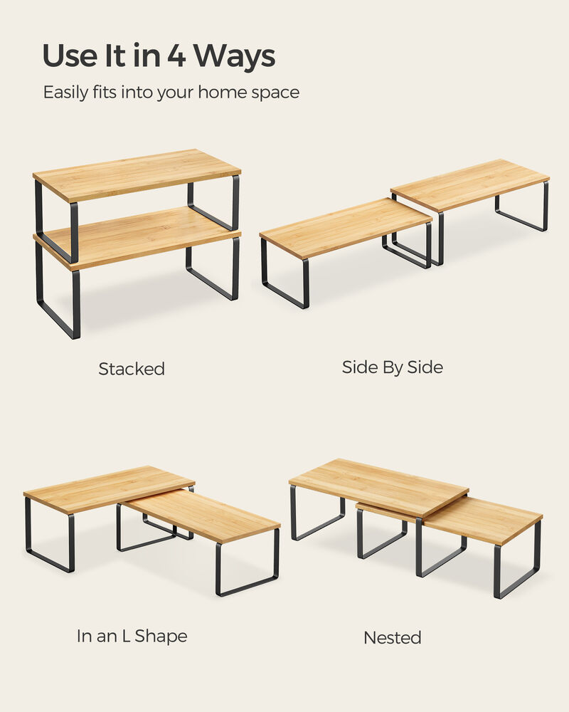 Set of 4 Stackable Cabinet Shelf Organizers - Metal and Particleboard Kitchen Counter Shelves, Expandable