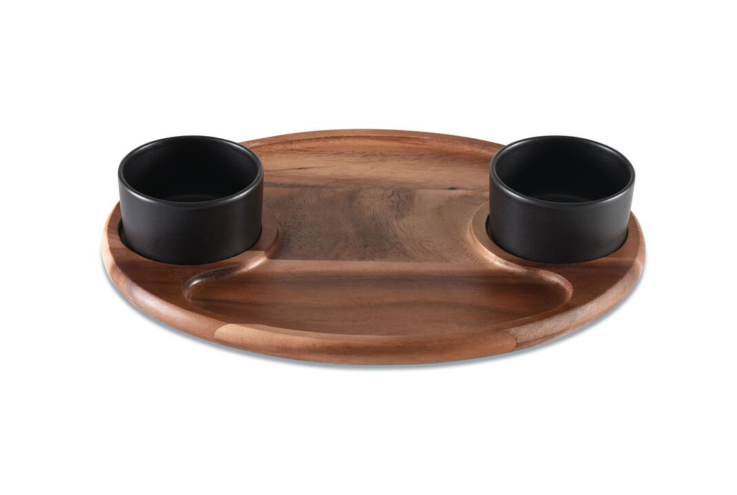 Charcuterie/ Serving Tray w/ 2 black ceramic bowls w/ lids