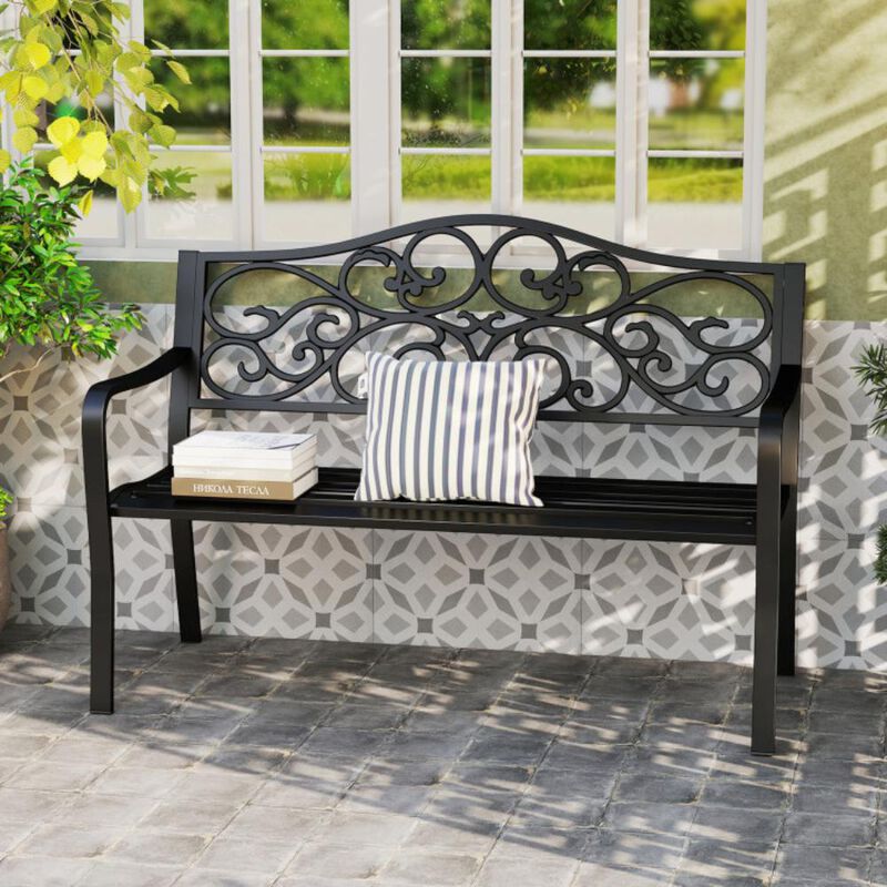 Hivvago 50 Inches Outdoor Garden Bench with Floral Design Backrest and Slatted Seat