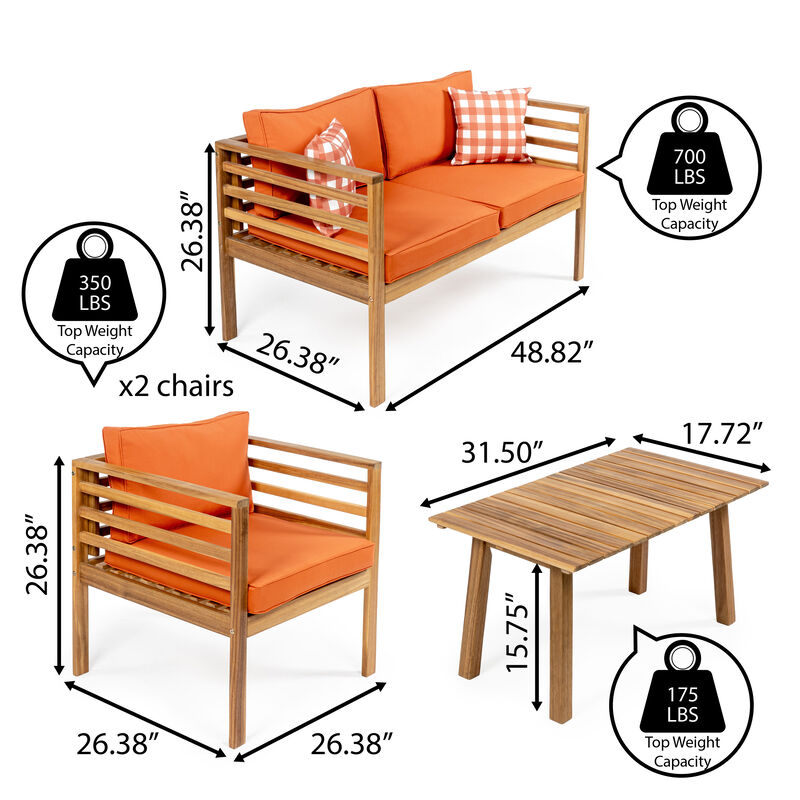Thom 4-Piece Mid-Century Modern Acacia Wood Outdoor Patio Set with Cushions and Plaid Decorative Pillows