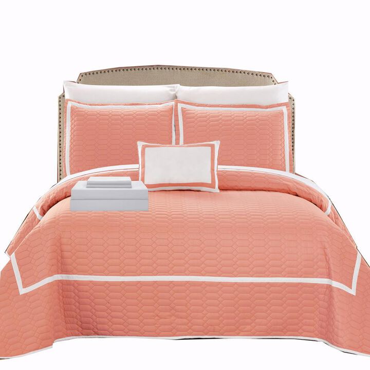 Chic Home Antoine Geometrical Design Elegant 8 Pieces Quilted Bed In A Bag Sheet Set Decorative Pillows & Shams - King 104x92, Coral