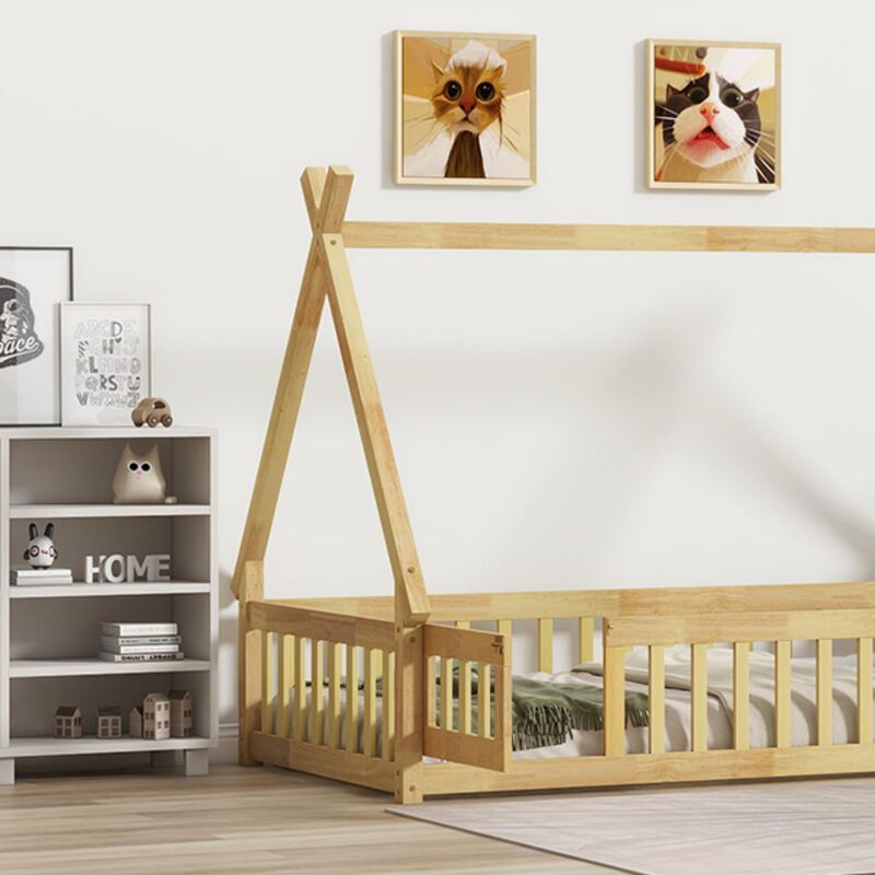 Whisen Wooden Teepee Tent Bed with Guardrails and Slats, Twin Floor Bed with Door for Kids image number 5