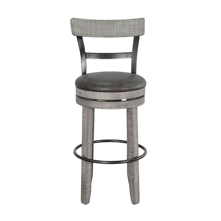 Zeka Swivel Barstool Chair Set of 2, Faux Leather, Gray Mahogany Wood - Benzara