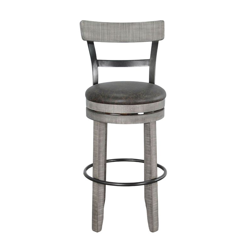 Zeka Swivel Barstool Chair Set of 2, Faux Leather, Gray Mahogany Wood - Benzara