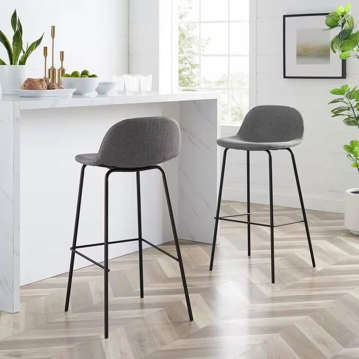 Set of 2 Low Back Barstools – Modern Design with Metal Frame and Linen Seat for Kitchen or Bar