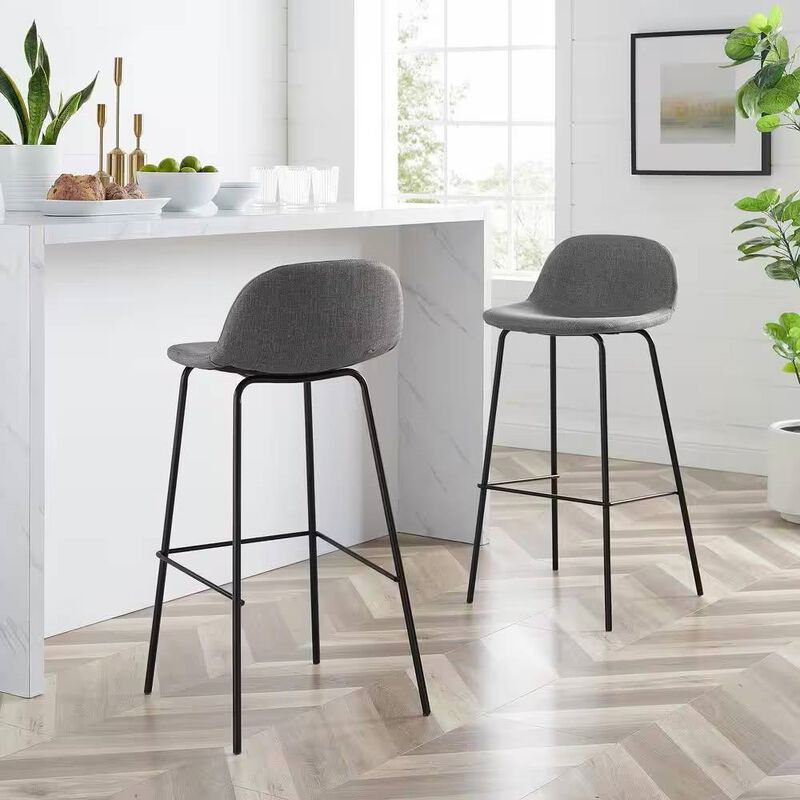 Set of 2 Low Back Barstools – Modern Design with Metal Frame and Linen Seat for Kitchen or Bar