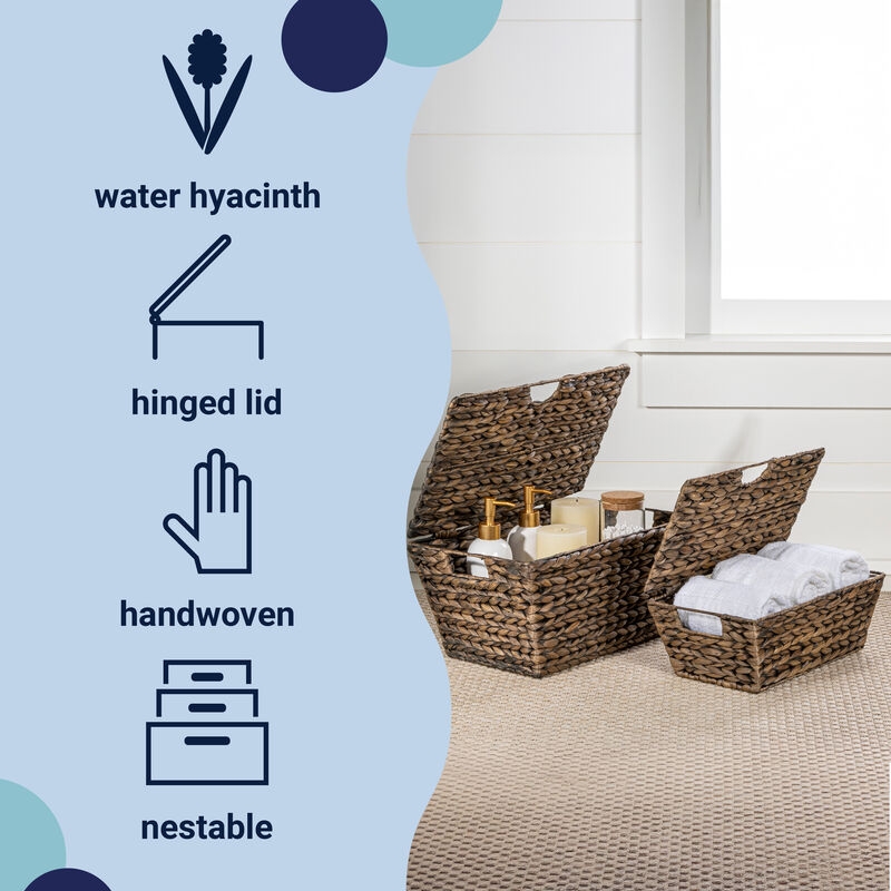 Wilder Classic Farmhouse Woven Hyacinth Rectangular Storage Baskets with Lids and Handles