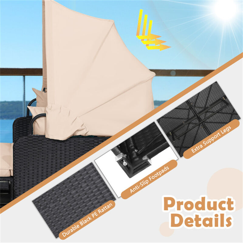 Rattan Daybed Lounge with Retractable Canopy, Side Tables & Cushions image number 7
