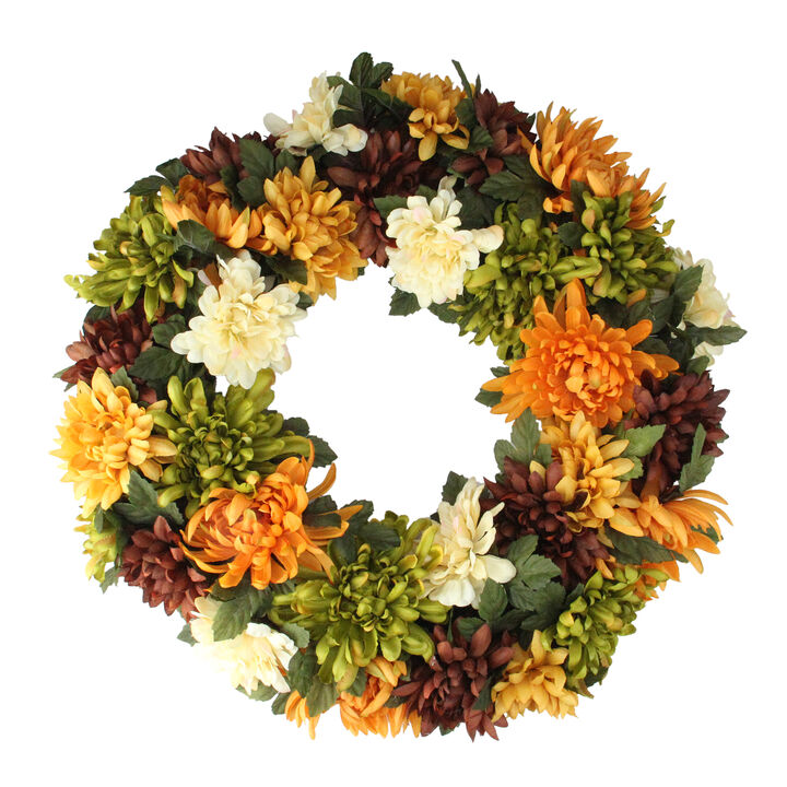 Autumn Orange and Green Chrysanthemum Artificial Thanksgiving Wreath - 19.5-Inch  Unlit