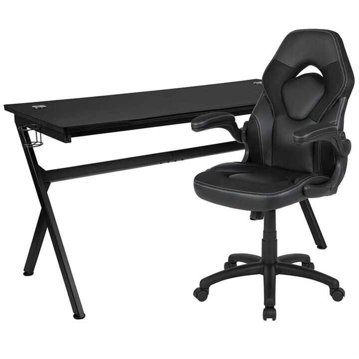 Flash Furniture Gaming Desk and Black Racing Chair Set/Cup Holder/Headphone Hook/Removable Mouse Pad Top - 2 Wire Management Holes
