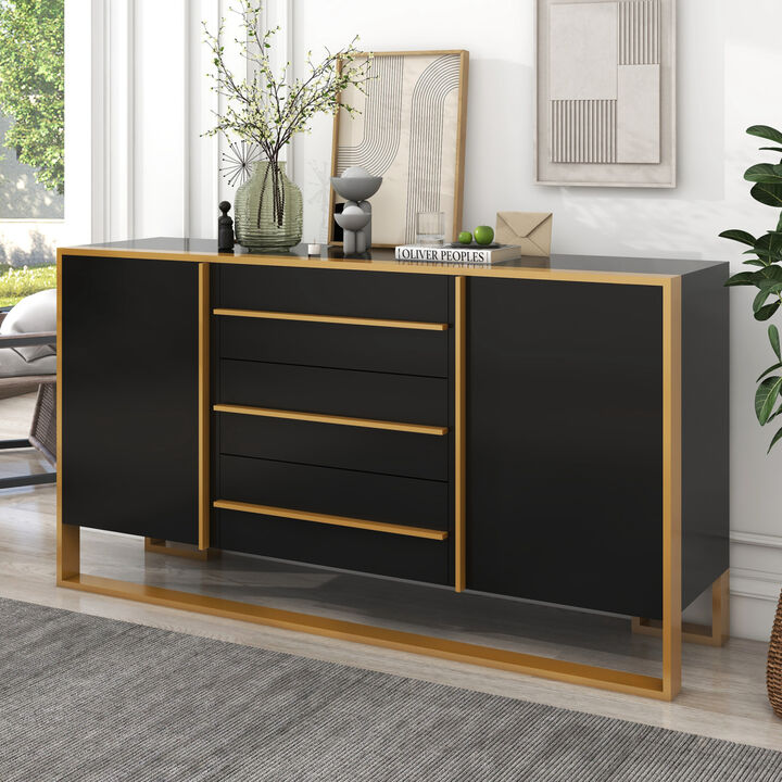 Modern Style 59"L Sideboard with Large Storage Space and Gold Metal Legs for Living Room and Entryway (Black)