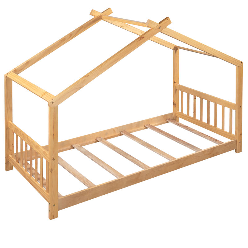 Twin Size House Platform Bed with Headboard and Footboard, Roof Design