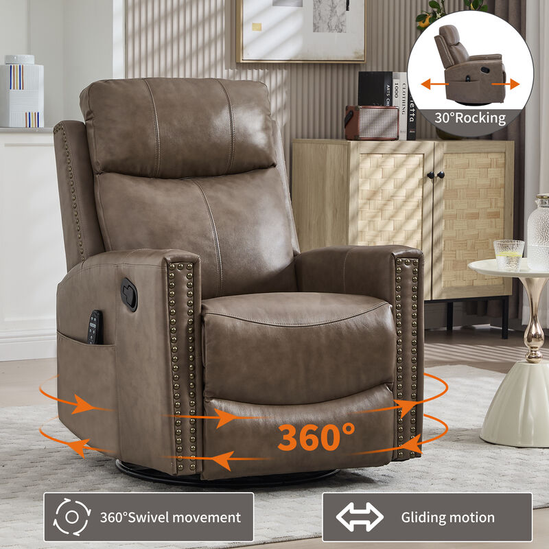 Gnuine Leather Heat Massage Manual Recliner Chair with Rocker and Swivel image number 4