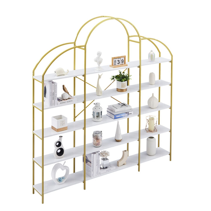 74.8 Inch 5 Tiers Office Bookcase Bookshelf, Display Shelf with Round Top, X Bar Gold Frame
