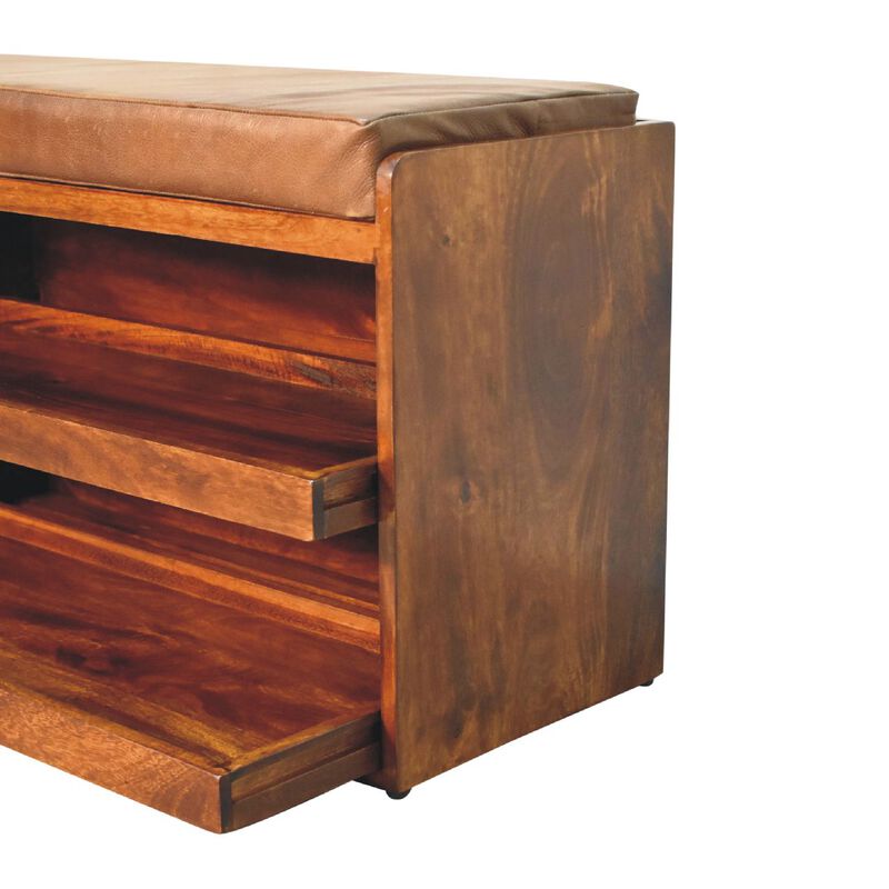 Artisan Furniture Buffalo Hide Pull out Chestnut Solid Wood  Shoe Storage Bench