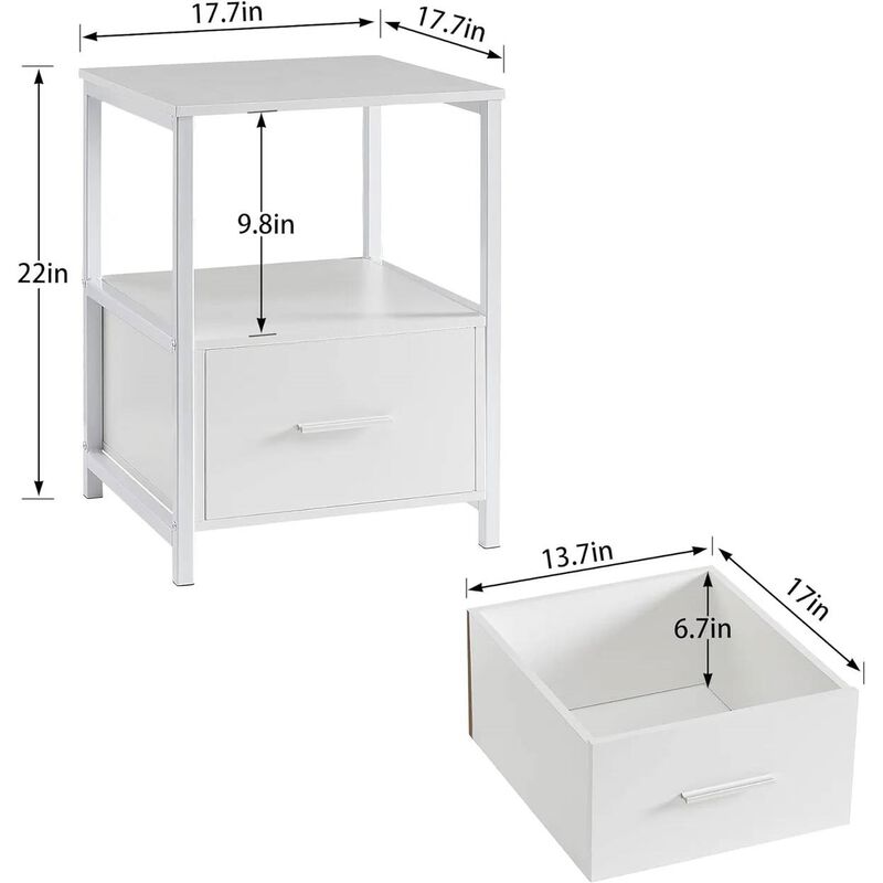 Set of 2 Contemporary Metal Wood End Tables with Drawer for Bedroom