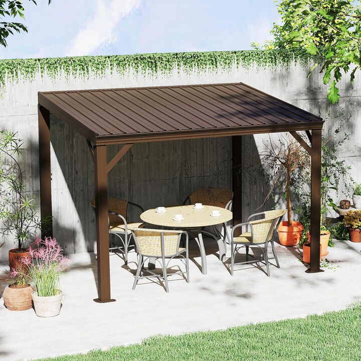 8x10FT Wall Mounted Gazebos Pergola with Built in Drainage System, Galvanized Steel Roof Hardtop Patio Shelter