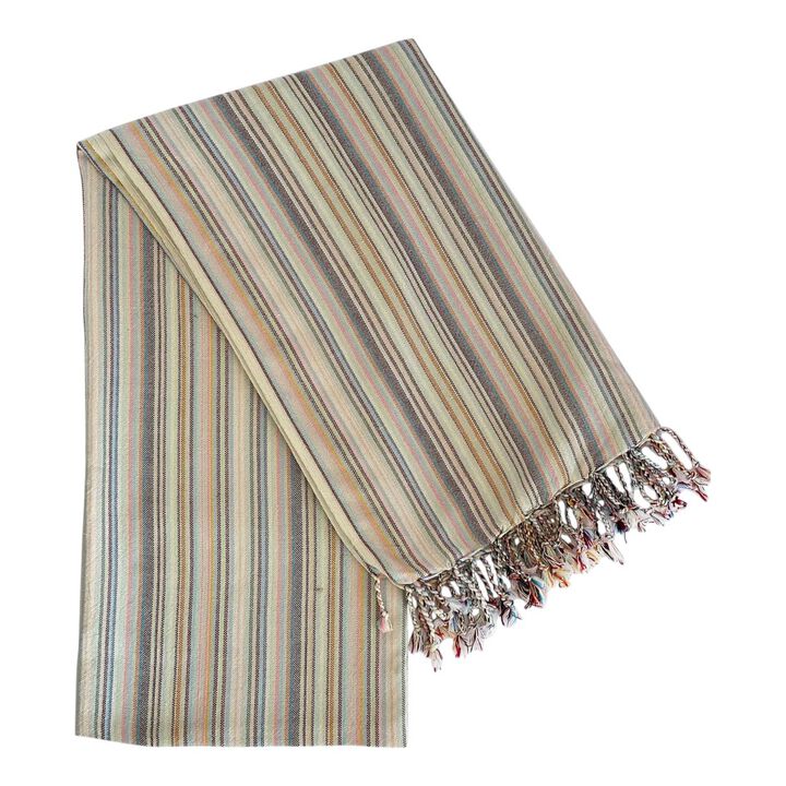 HomeRoots 39" X 71" Beige and Pink Cotton Striped Turkish Towel Throw Blanket with Tassels