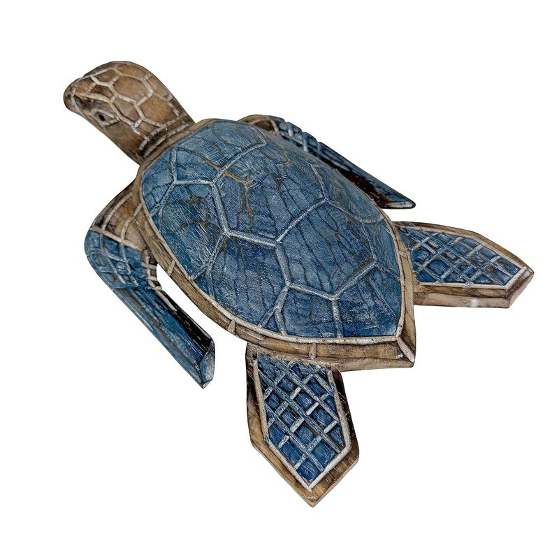 Sea Turtle Statue Hand Carved Wood Blue Coastal Decor 12in Tabletop Art image number 4