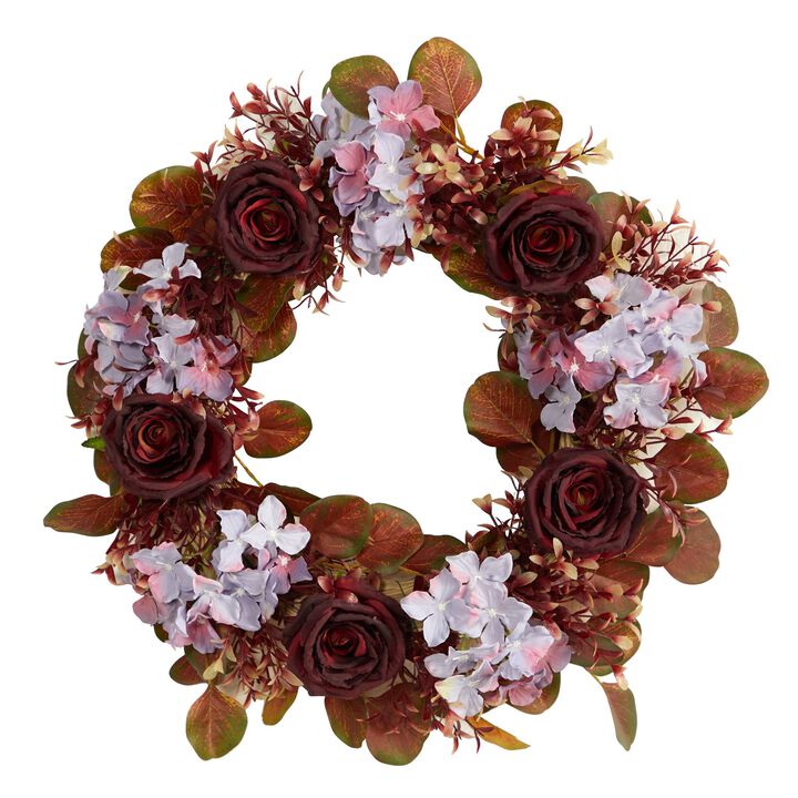 Nearly Natural 22-in Fall Hydrangea and Rose Autumn Artificial Wreath