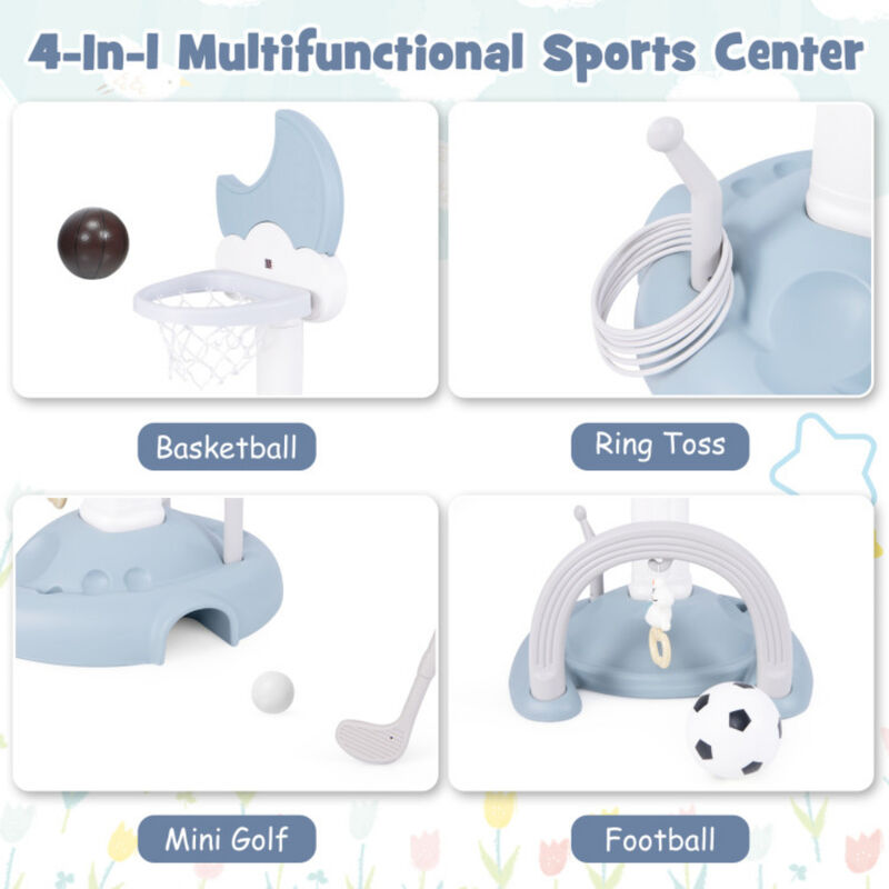 Kids 4 In 1 Basketball Hoop Play Set with Moon Shaped Electronic Scoreboard-Blue image number 3