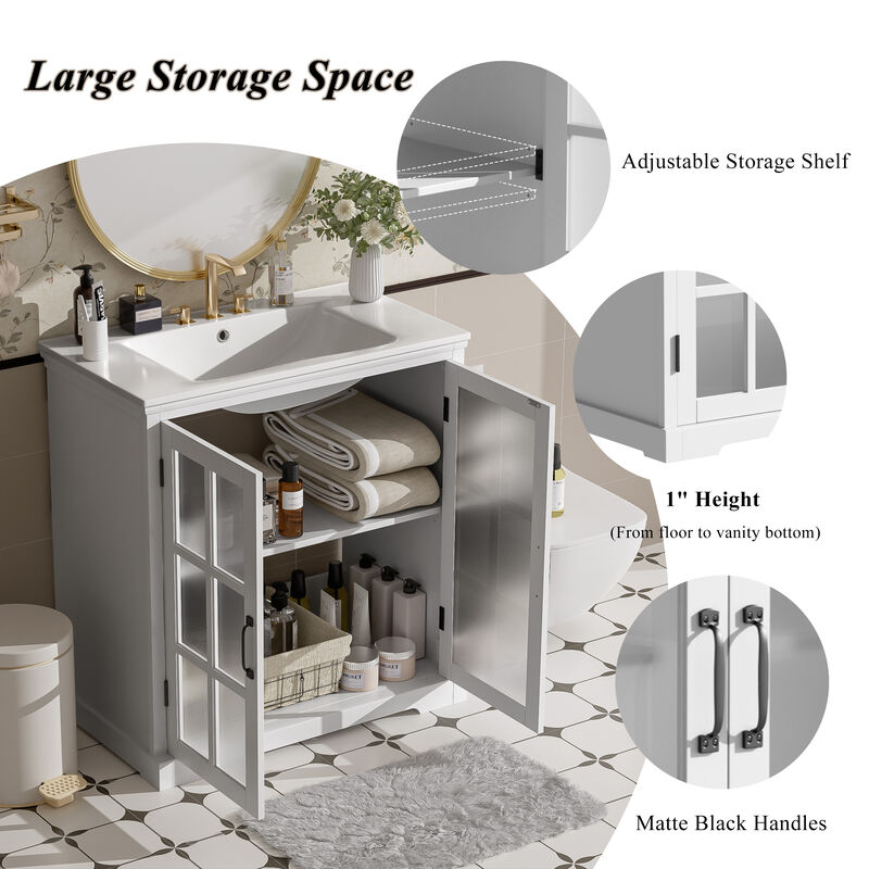 30" Modern Bathroom Vanity with Ceramic Sink, White